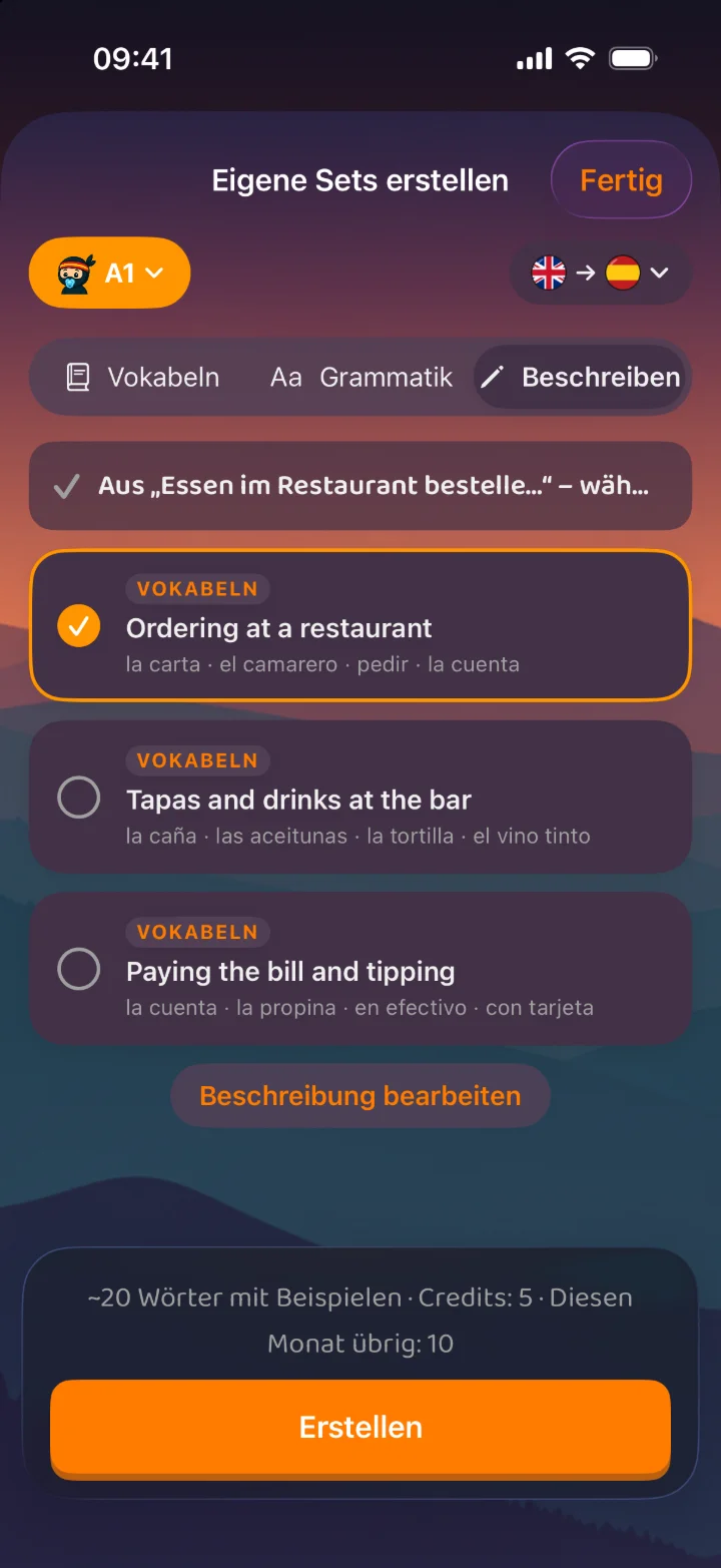 Eigene Sets erstellen: Du beschreibst in eigenen Worten, was du üben willst, und Palabrify schlägt Sets für dein Niveau vor