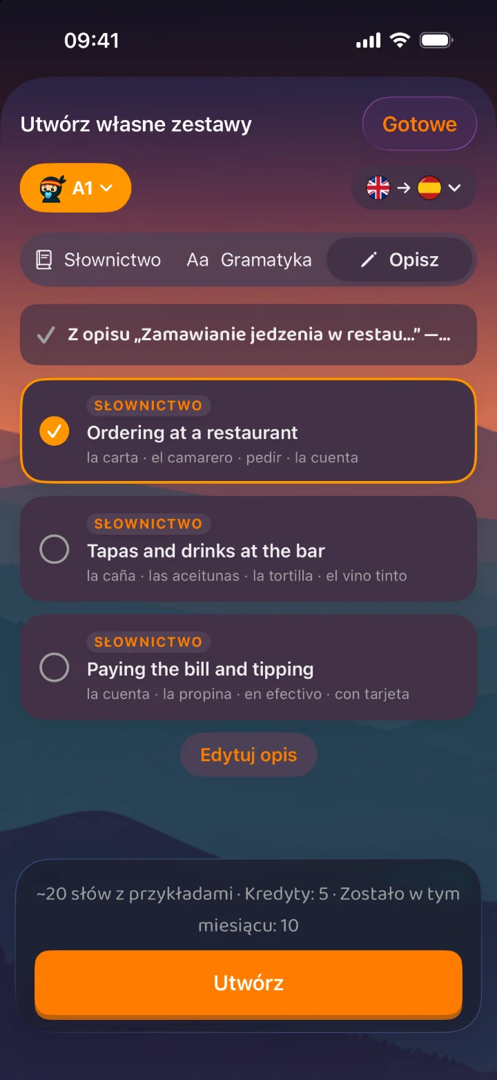 Utwórz własne zestawy: uczeń opisuje własnymi słowami, co chce ćwiczyć, a Palabrify proponuje zestawy na jego poziomie