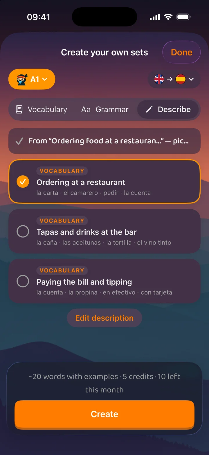 Create your own sets: a learner describes what they want to practise in their own words and Palabrify suggests sets for their level