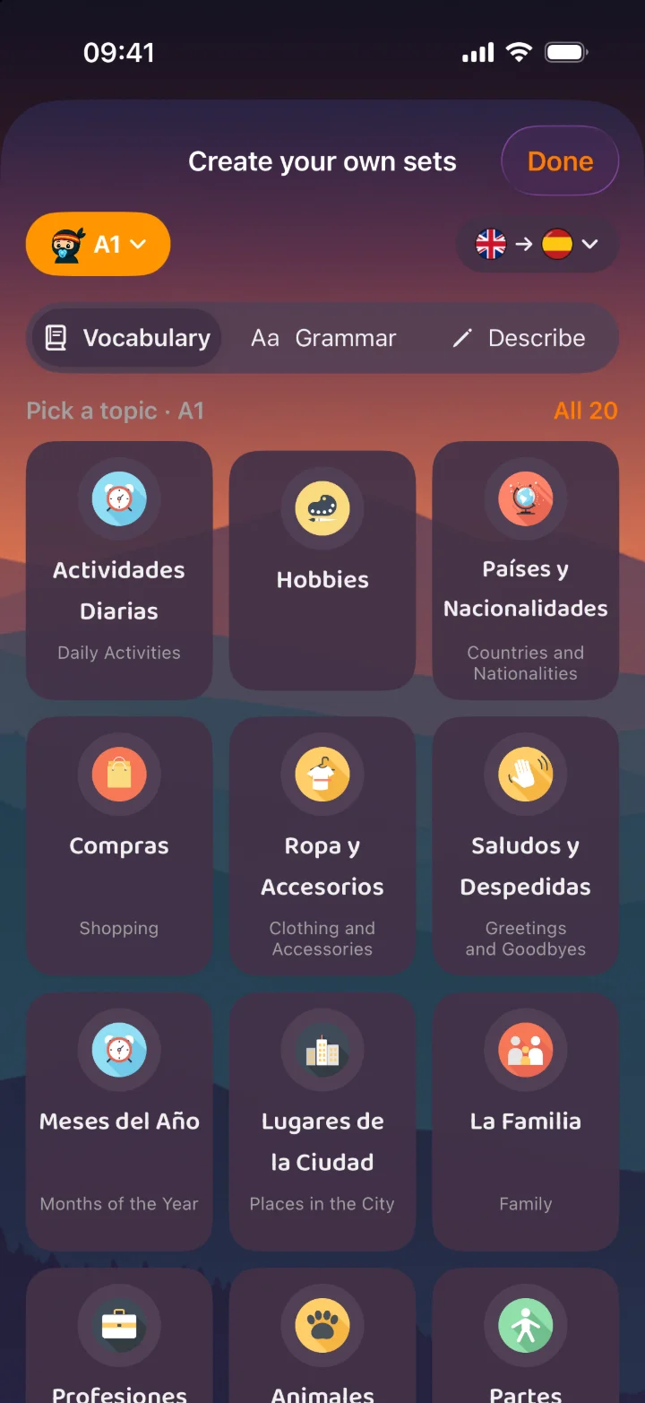 Create your own sets, topics tab: a grid of topic tiles with icons for the chosen level, each with its name in the learner's language, and a Create button pinned at the bottom