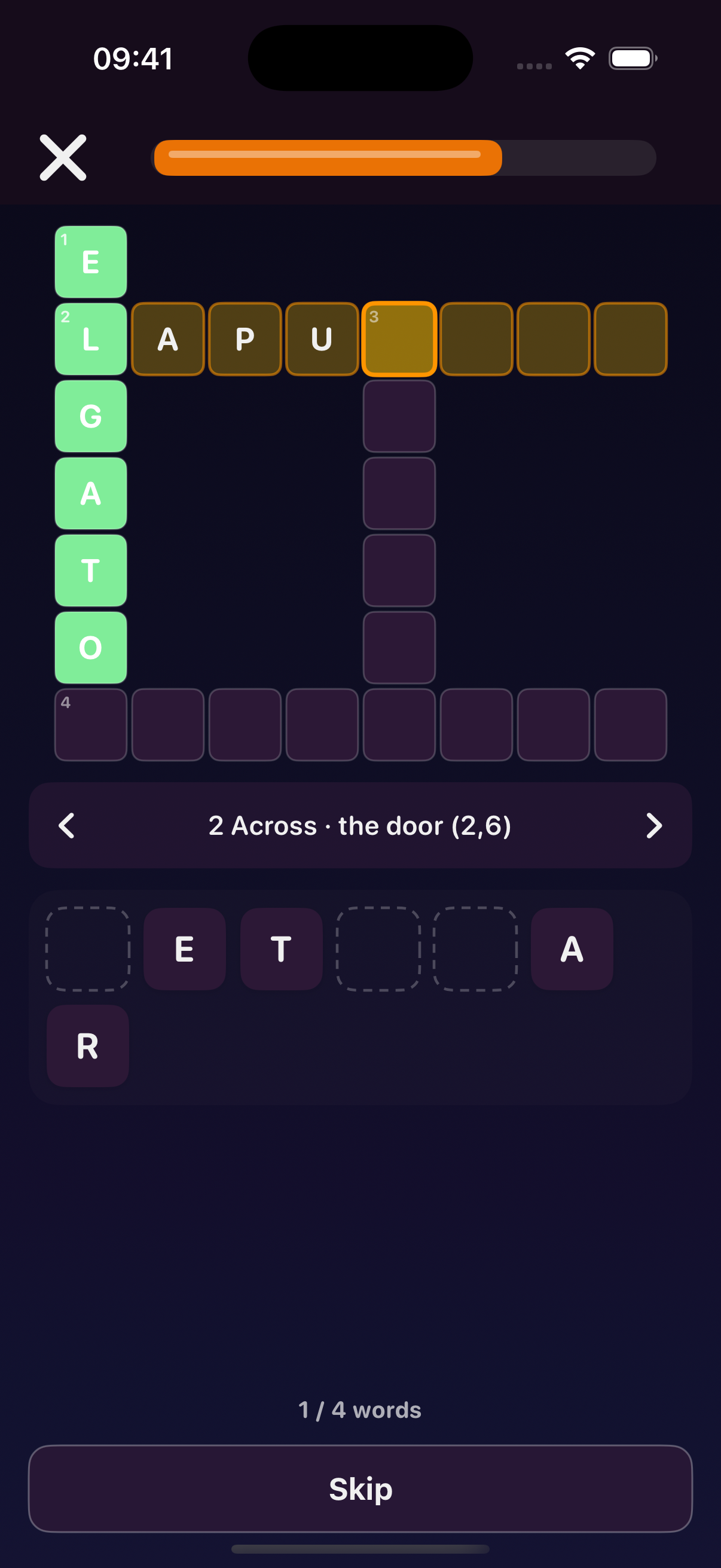 Crossword exercise — solving teacher-picked words from translation clues with letter tiles