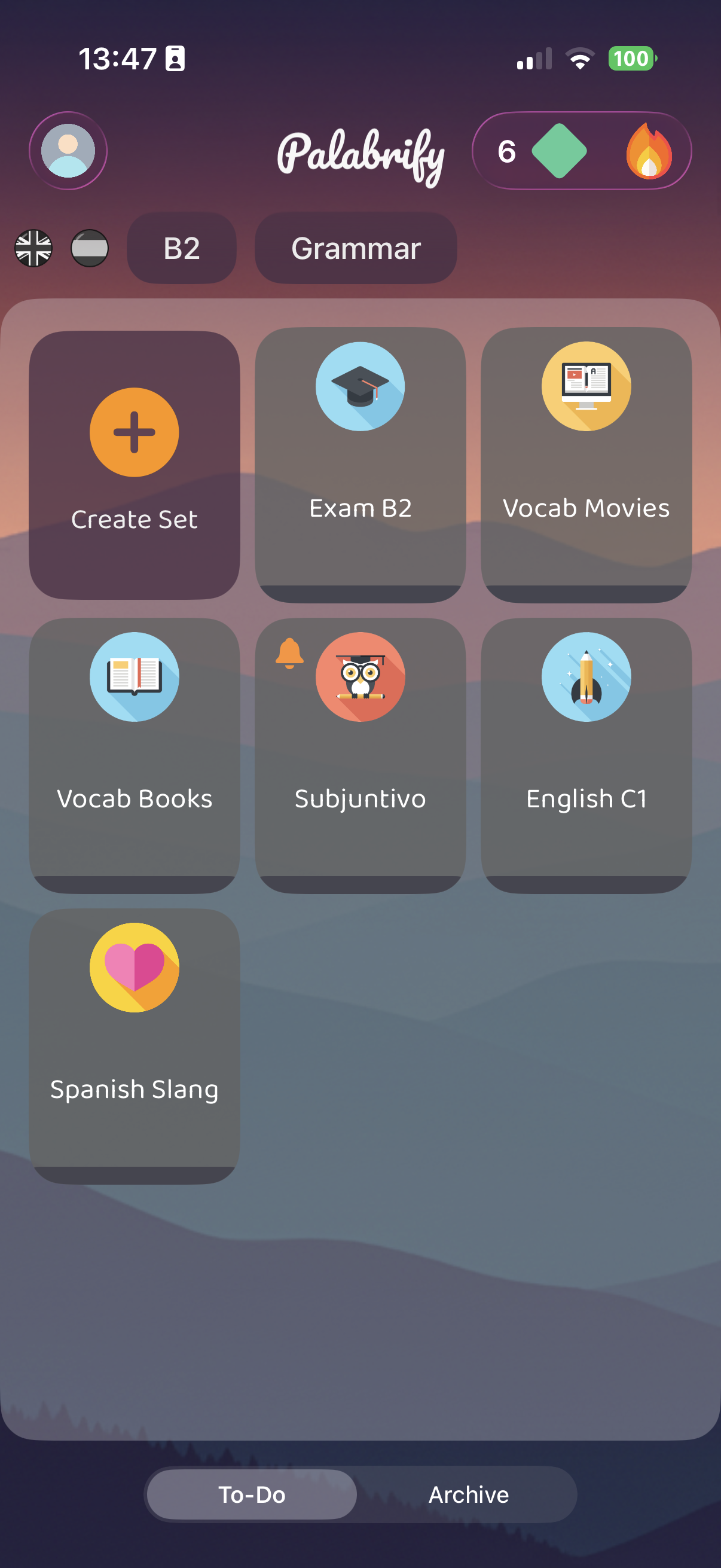 Palabrify Dashboard showing daily language learning progress