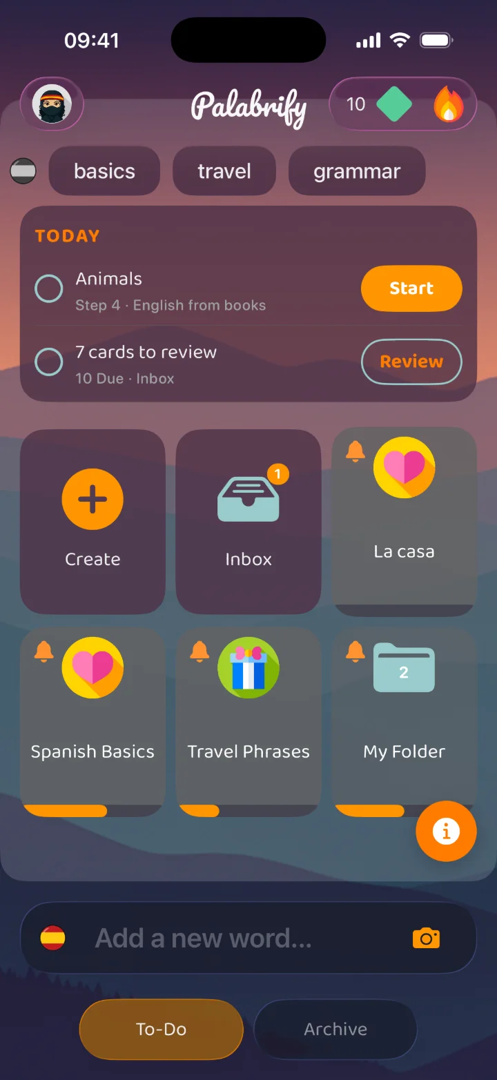 The Palabrify dashboard, where pressing and holding any set or folder opens the menu that now holds Pause reviews