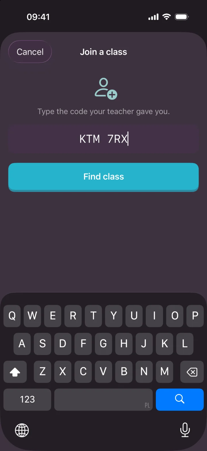 The Join a class screen on a phone: a short hint to type the code the teacher gave you, the code KTM 7RX entered in a single centred field, and a Find class button below it