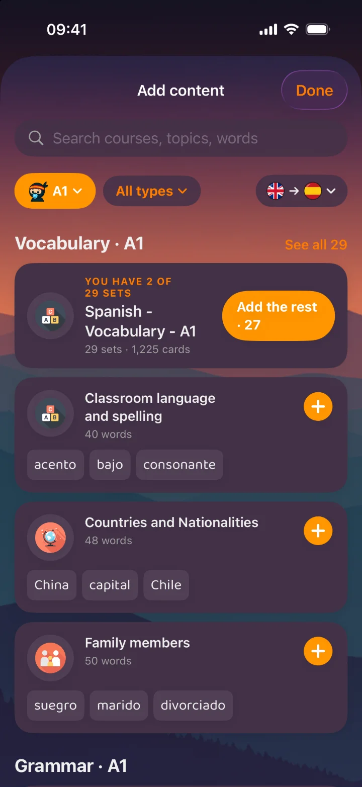 The Add content library on a phone: a level picker and a language pair at the top, a search field, and cards for vocabulary sets and a grammar path, each with a preview and an Add button, one already marked Added