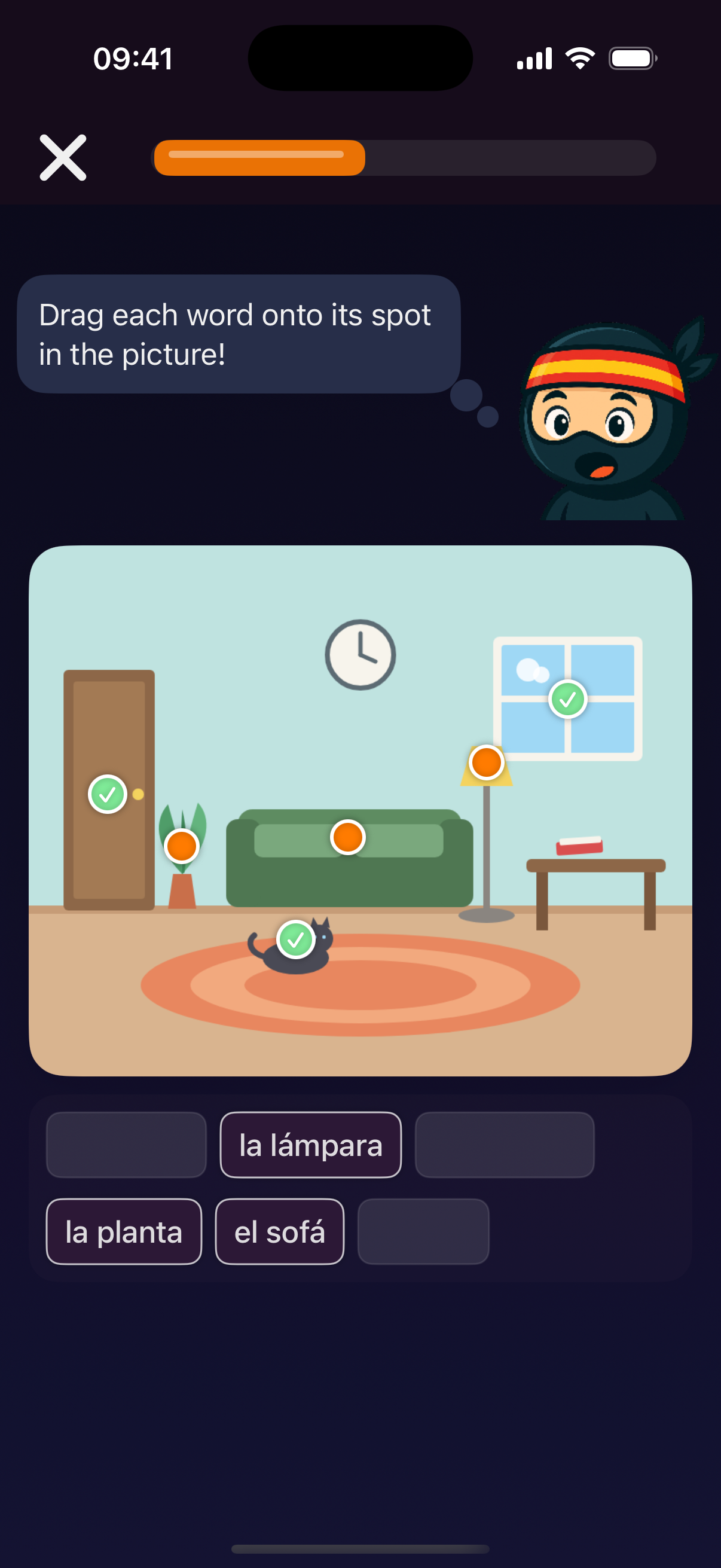 Picture labeling exercise — word chips dragged onto dots pinned to an illustrated scene