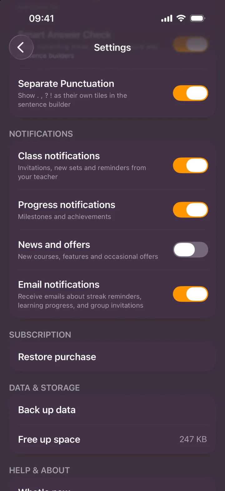 The Notifications section of Palabrify Settings, with switches for Class notifications, Progress notifications, News and offers turned off, and Email notifications, above the Subscription, Data and storage, and Help and about sections