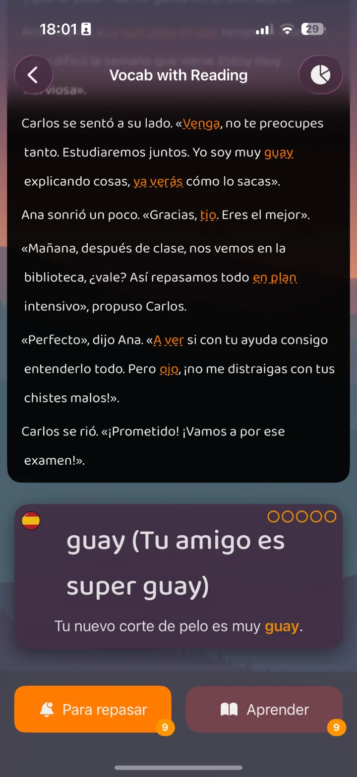 A story built from a vocabulary set on a phone, with the key words tappable and one word's meaning and example sentence open below