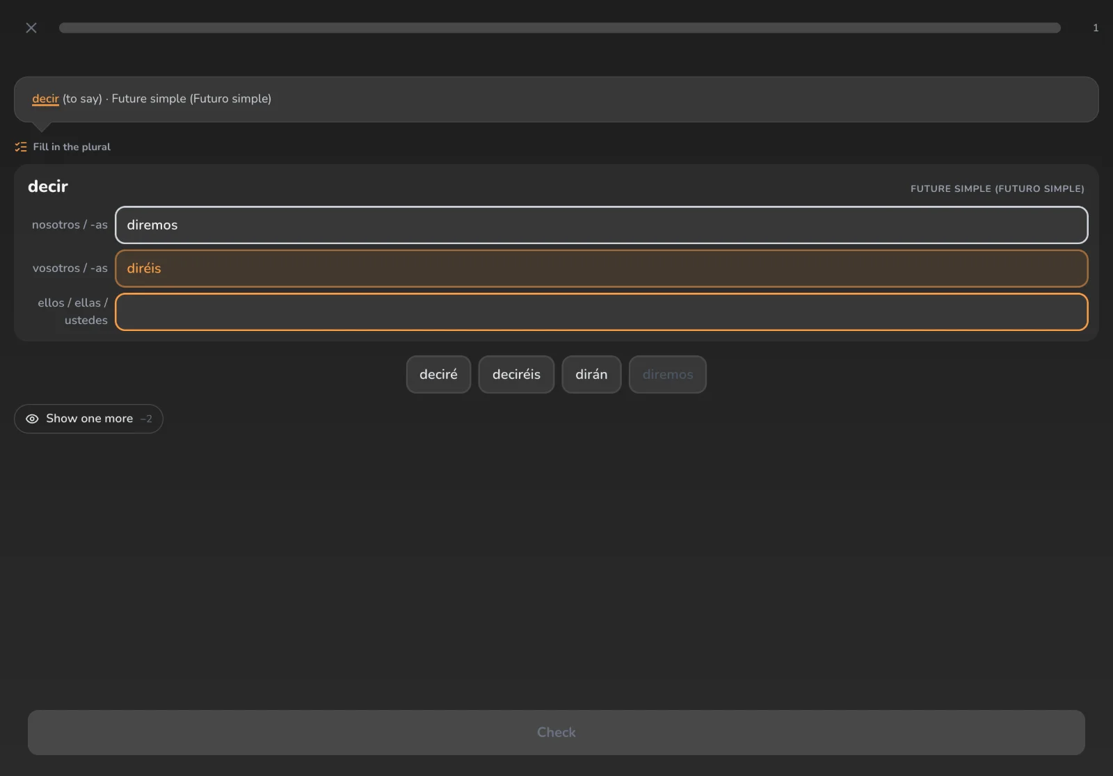 Complete the table — the plural of decir, one form placed and the last row waiting for its tile