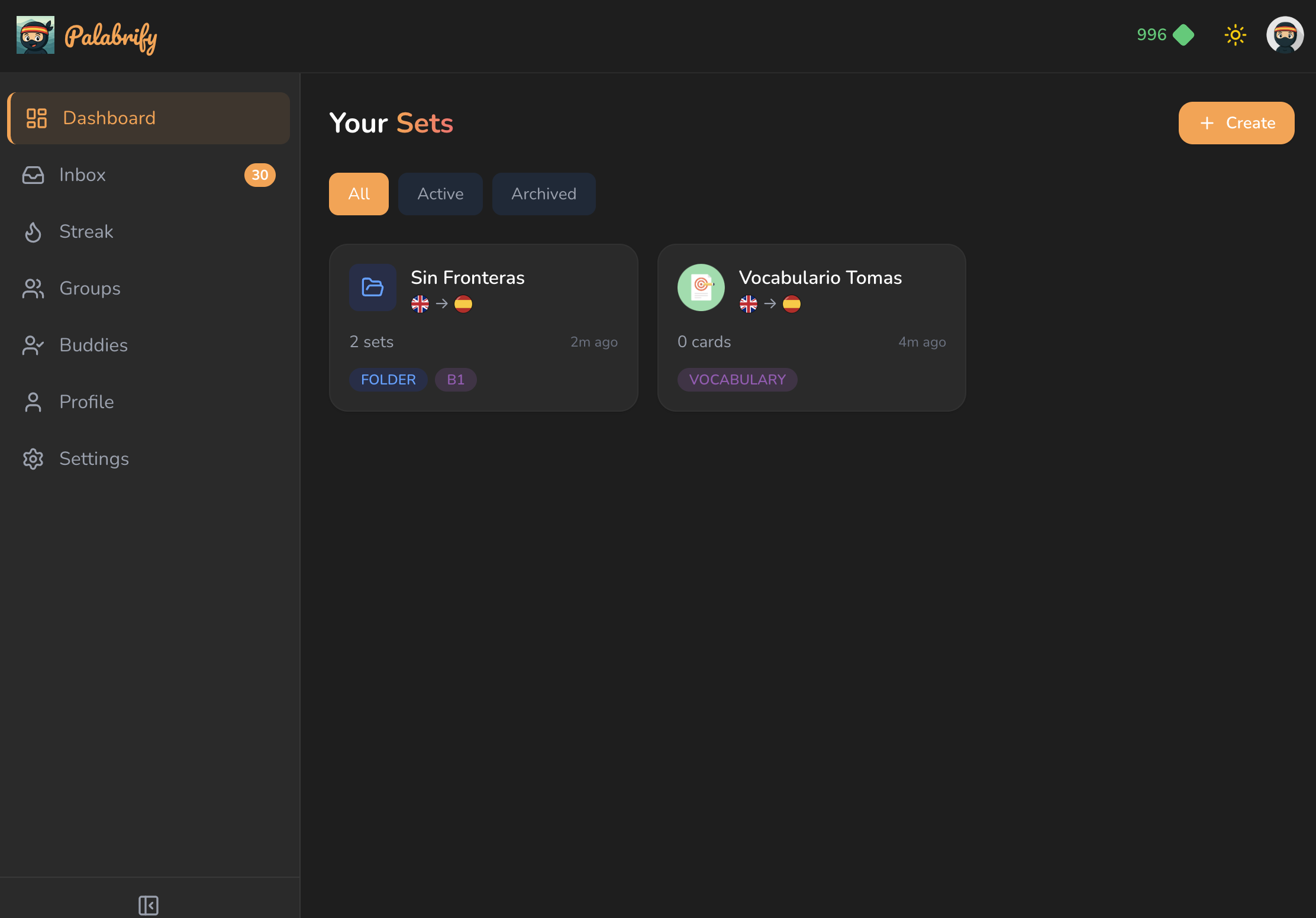 Dashboard with folders and sets