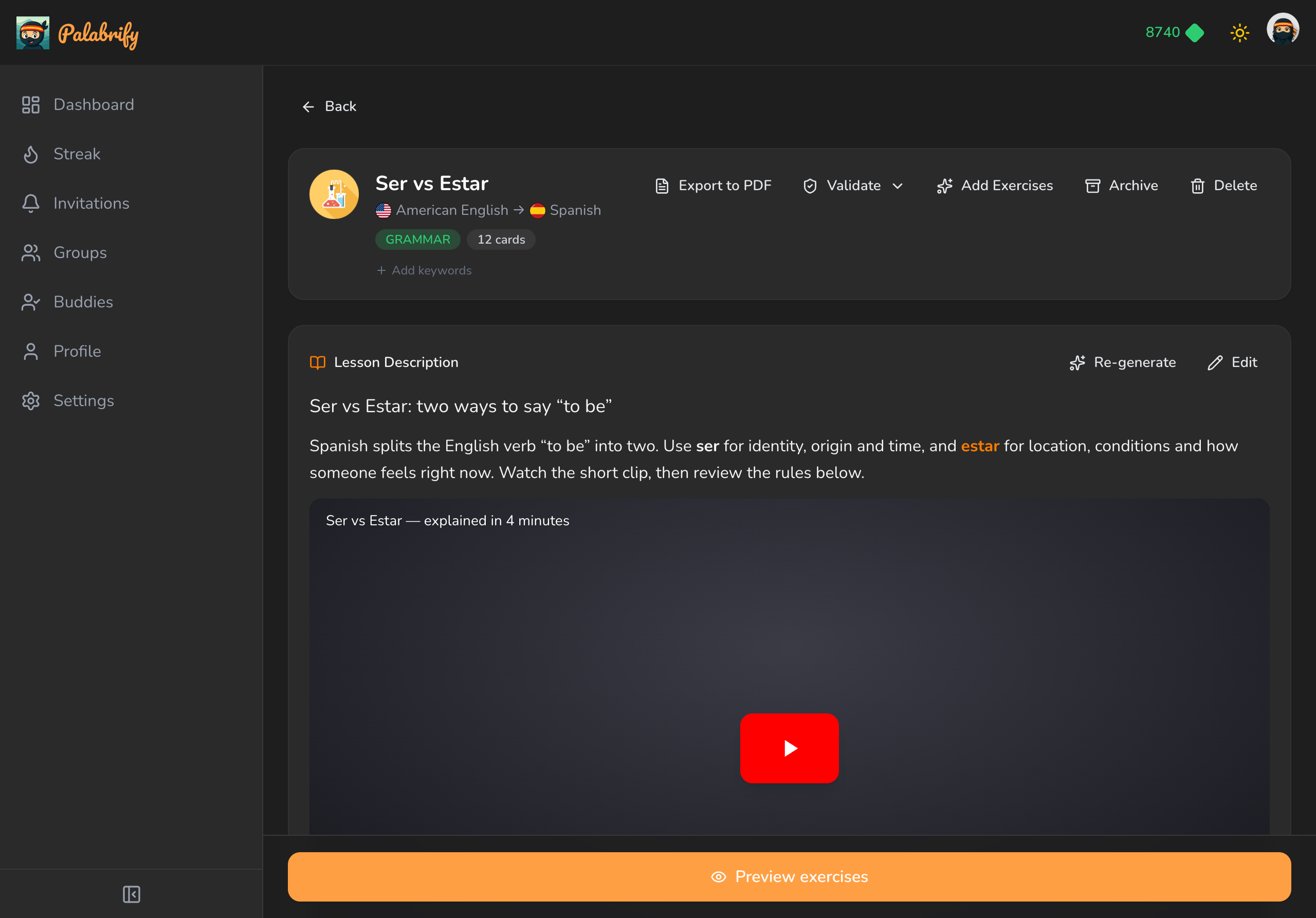 A YouTube video embedded inline in a grammar lesson description