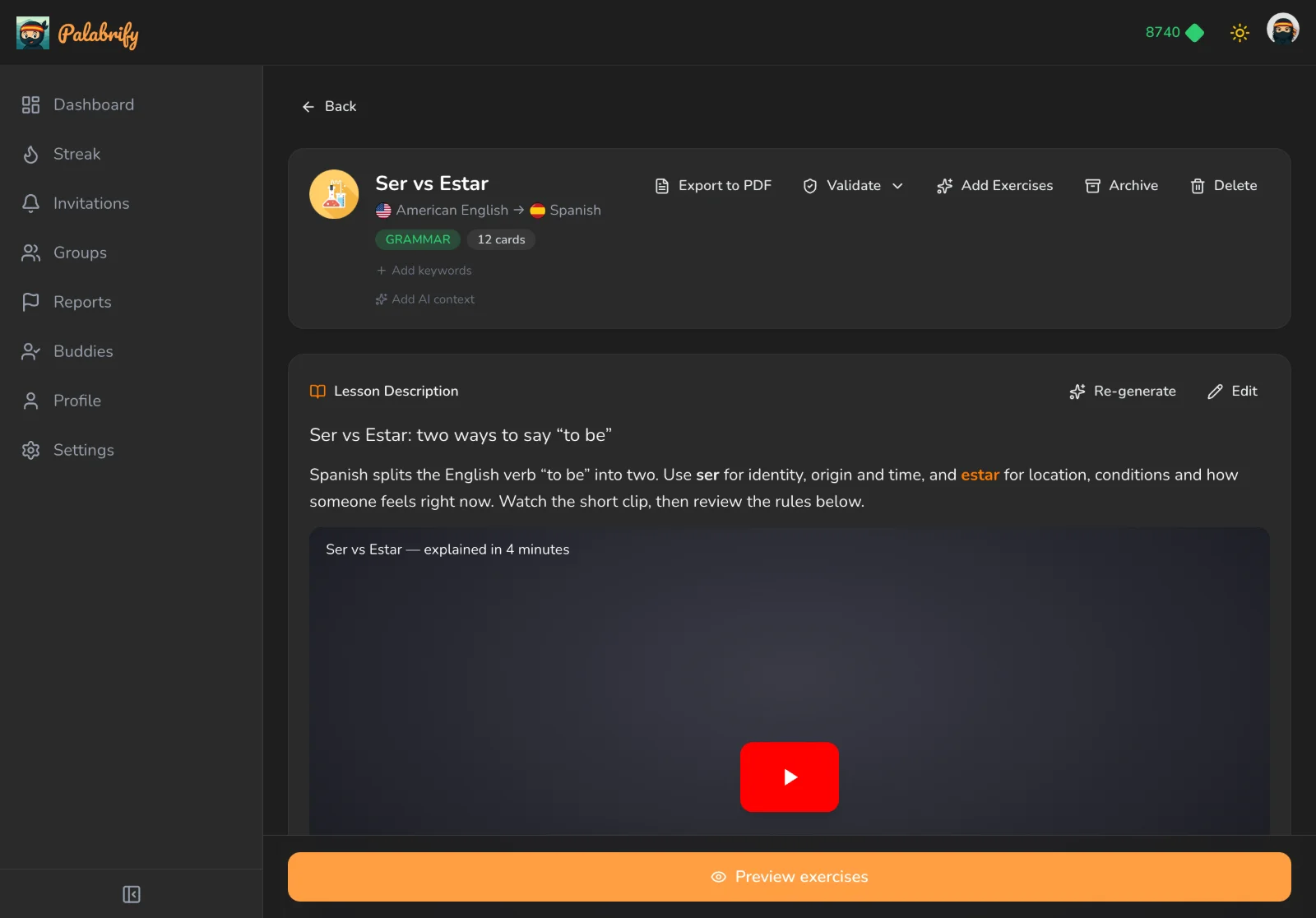 A YouTube video playing inline inside a grammar lesson description
