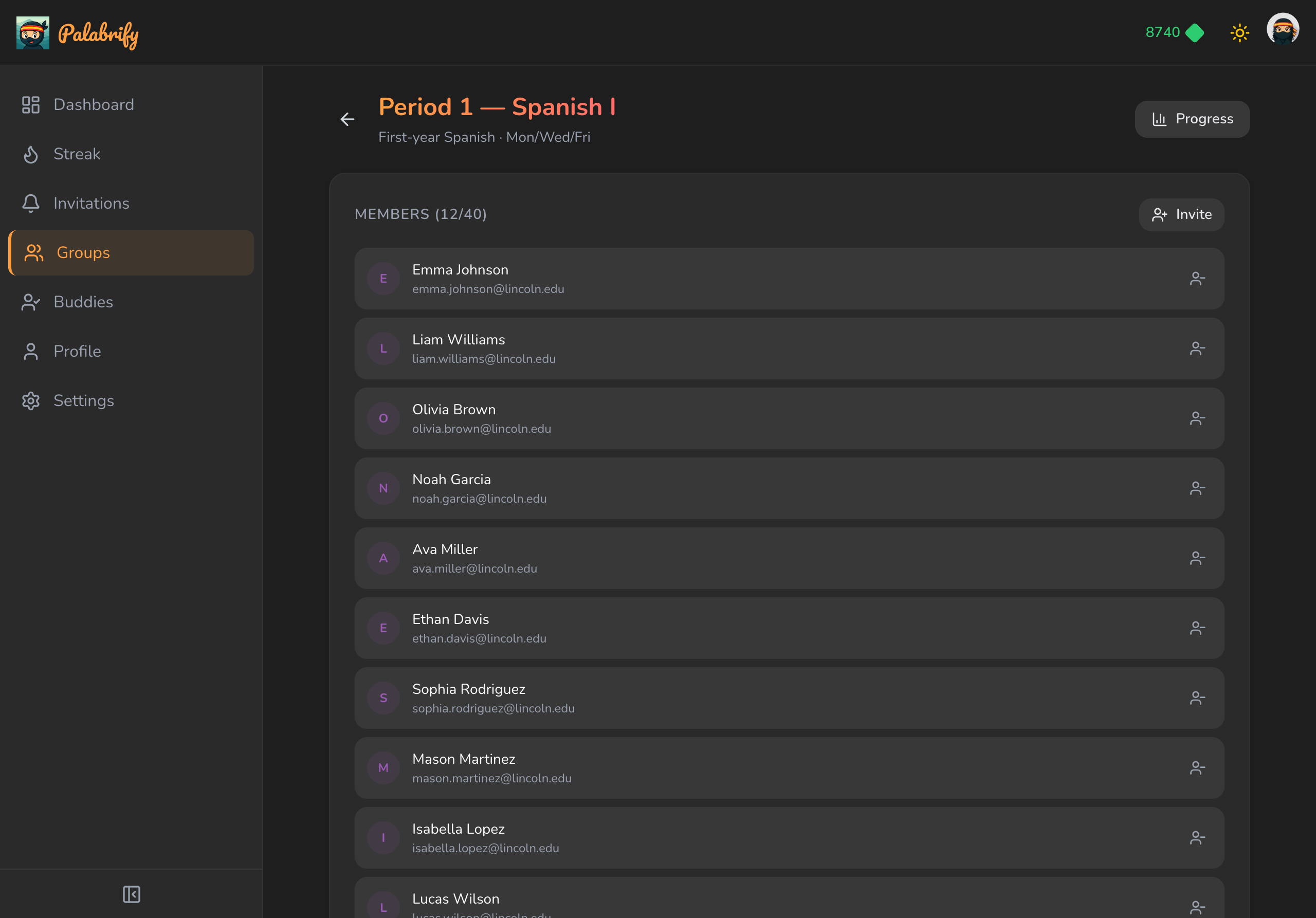 Class roster with student members