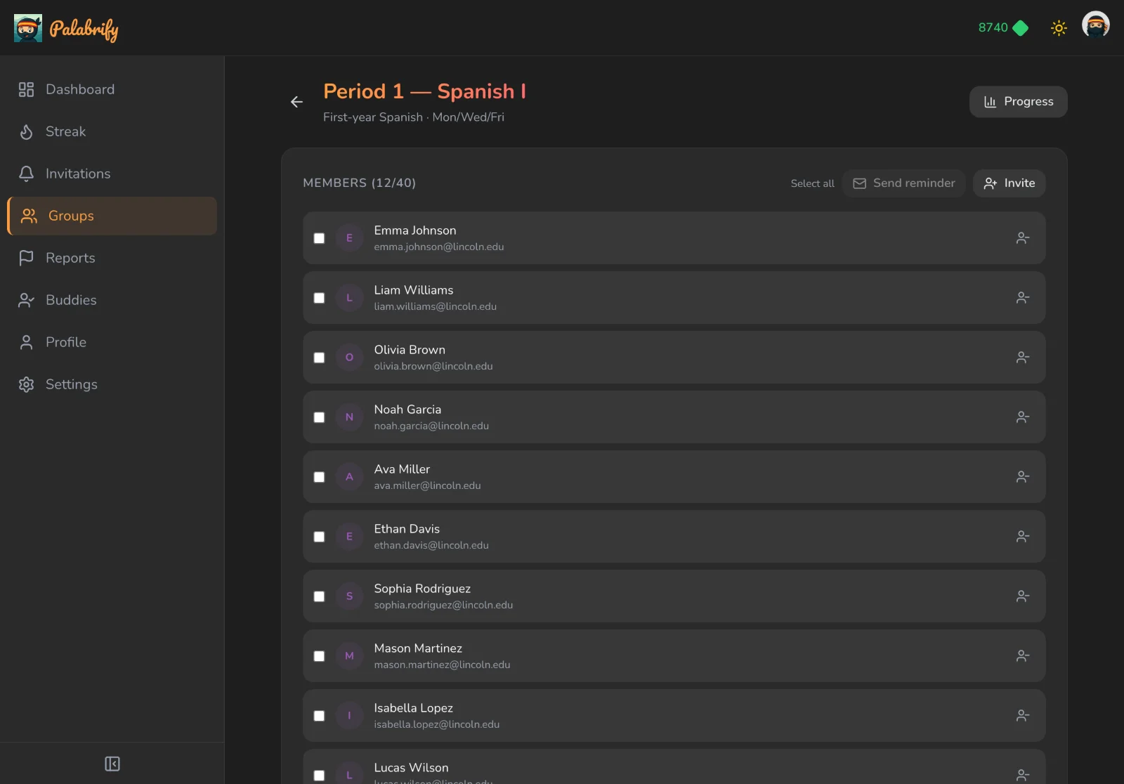 A class roster listing every student member