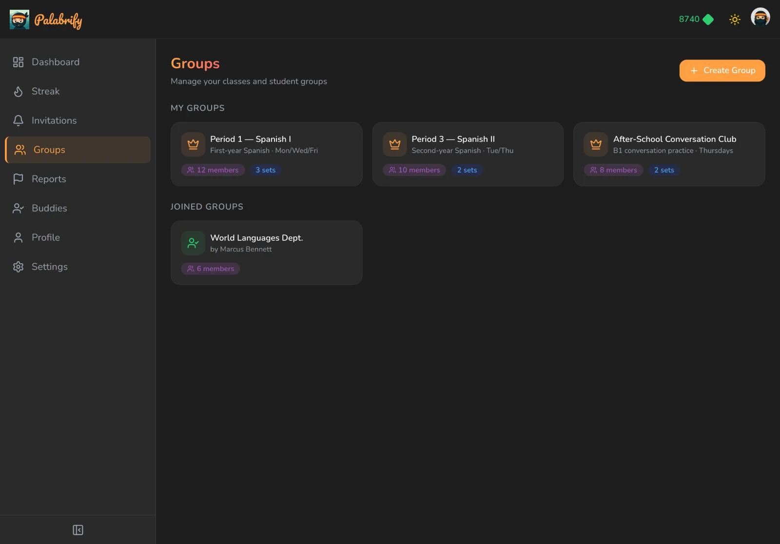 Managing classes and student groups, with owned and joined groups in one list