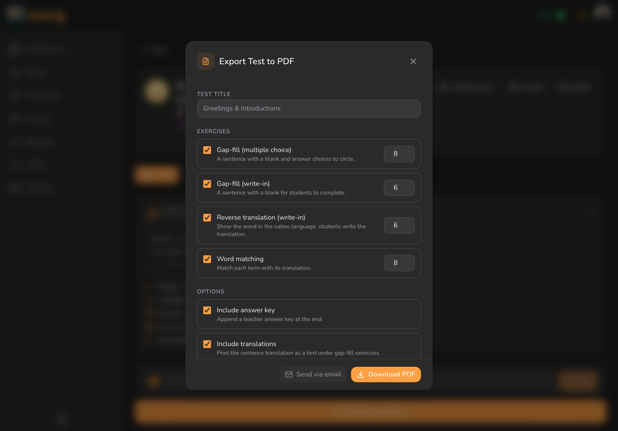Export to PDF dialog — choosing exercises, answer key and options for a printable handout