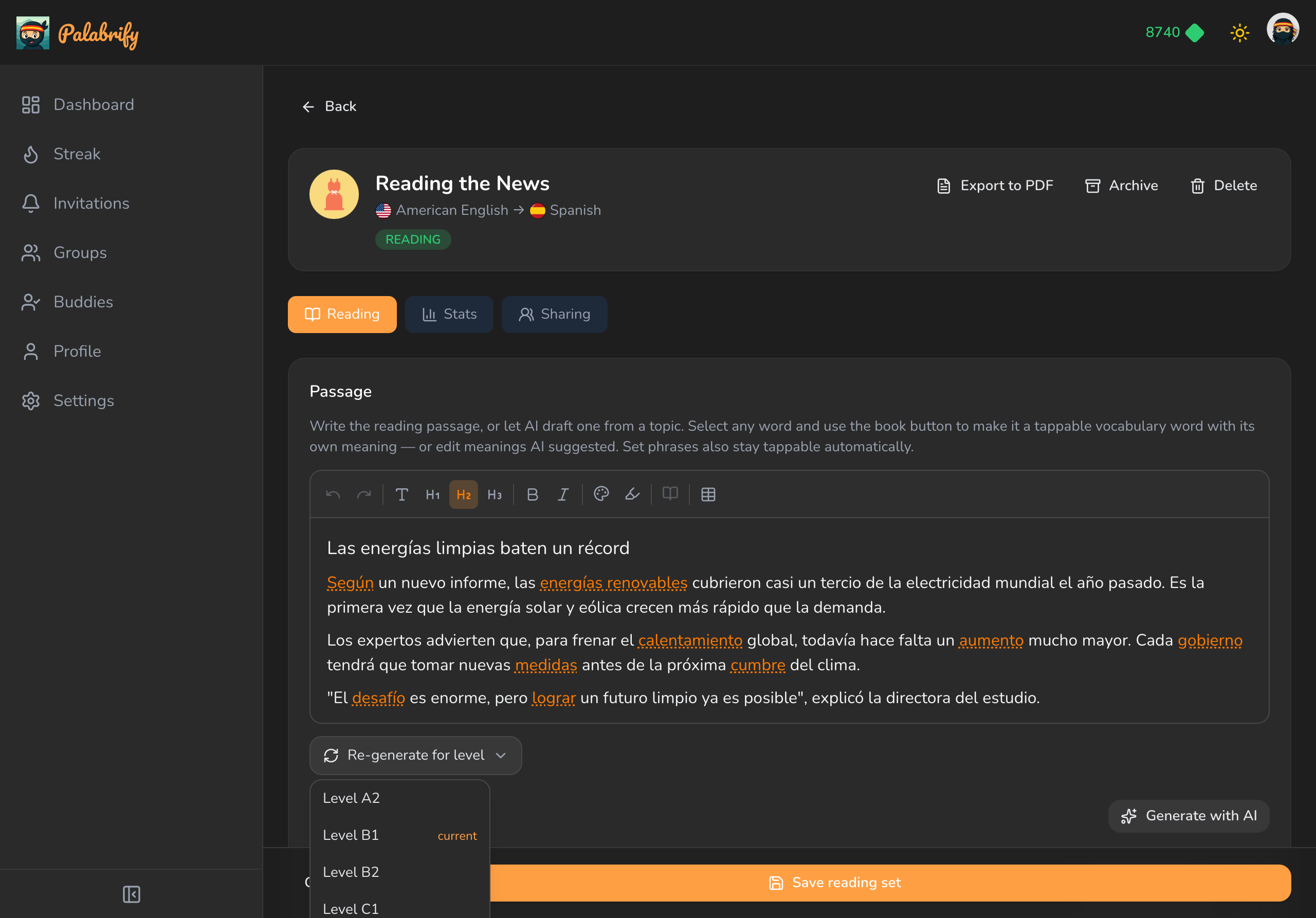 Re-generate a reading passage for any CEFR level on the web