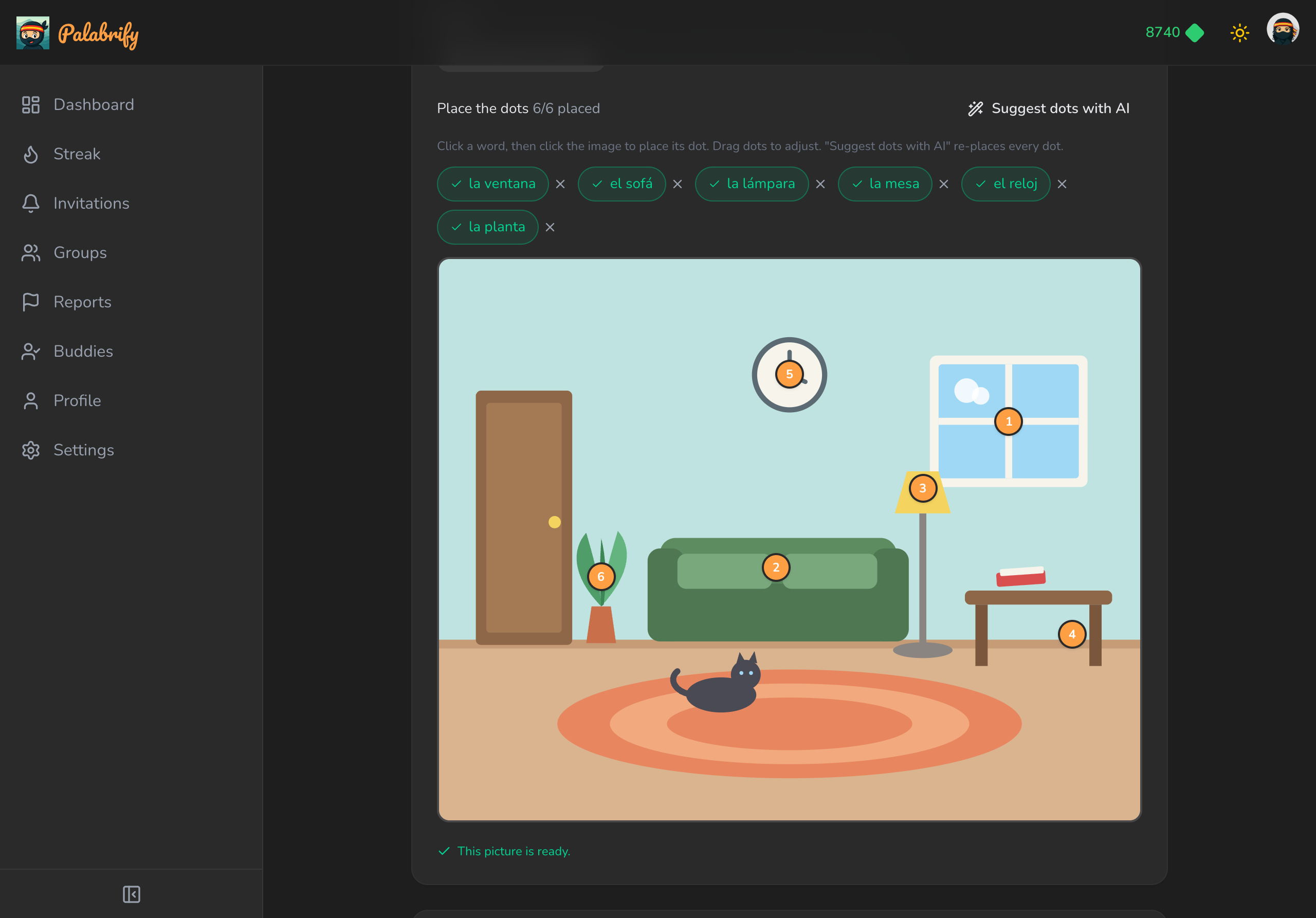 The picture labeling studio — an AI-drawn living-room scene with a suggested dot on every word